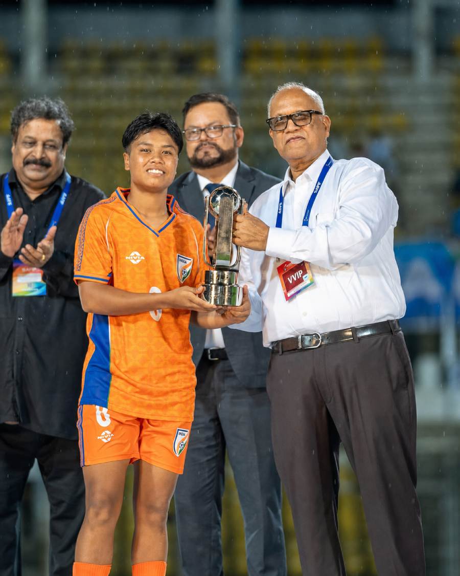Sanfida Nongrum celebrating her debut goal for the Indian women's national football team